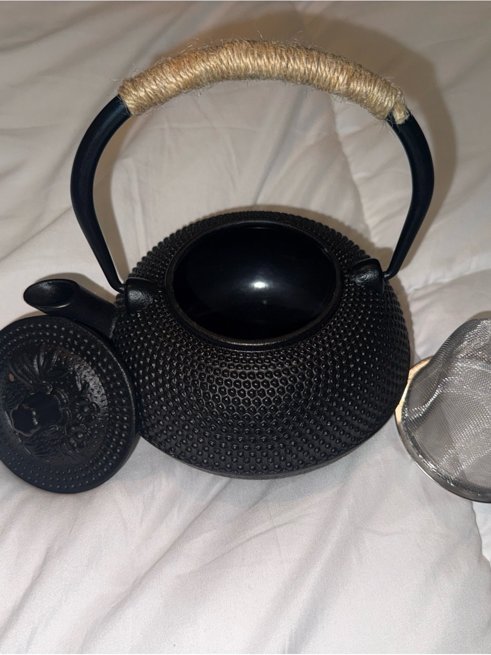 Black Cast Iron Teapot with Woven Handle